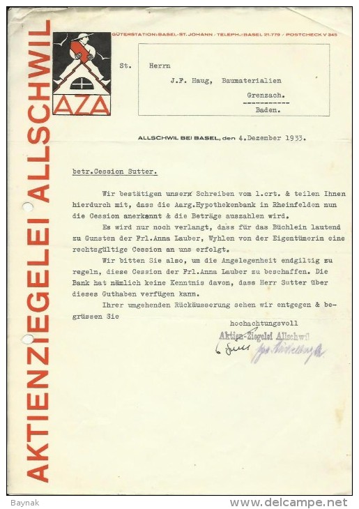 FAKTURA, RECHNUNG, INVOICE  --  A.G. AZA,  --  AKTIENZIEGELEI ALLSCHWIL  --  1933 - Switzerland