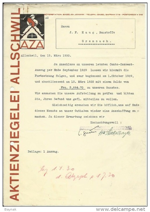 FAKTURA, RECHNUNG, INVOICE  --  A.G. AZA,  --  AKTIENZIEGELEI ALLSCHWIL  --  1930 - Schweiz