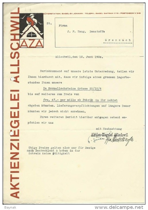FAKTURA, RECHNUNG, INVOICE  --  A.G. AZA,  --  AKTIENZIEGELEI ALLSCHWIL  --  1930 - Schweiz