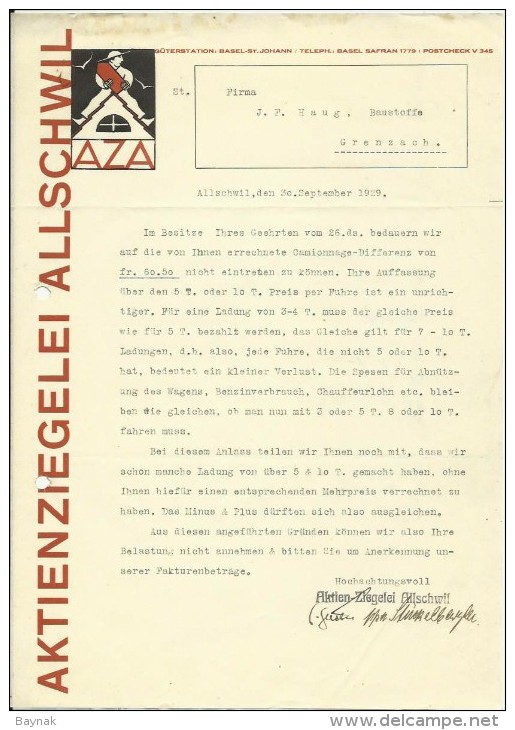 FAKTURA, RECHNUNG, INVOICE  --  A.G. AZA,  --  AKTIENZIEGELEI ALLSCHWIL  --  1929 - Schweiz