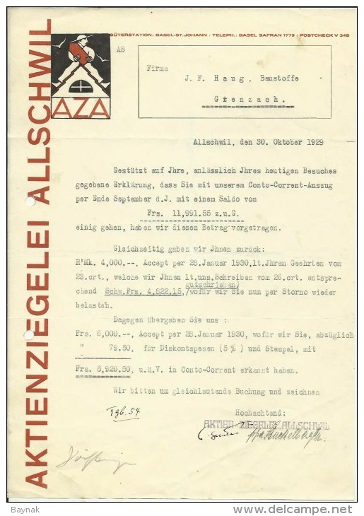 FAKTURA, RECHNUNG, INVOICE  --  A.G. AZA,  --  AKTIENZIEGELEI ALLSCHWIL  --  1929 - Suisse