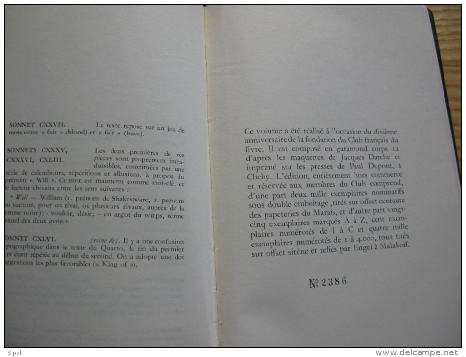 Les sonnets de Shakespeare Editions hors commerce  réservée aux membres du Club français du livre N°2386/4000