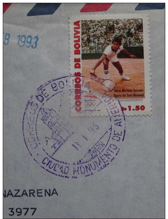 Bolivia Cvr 1993-01-11 Cover With Tennis Stamp A 7,50 Euro - Tennis