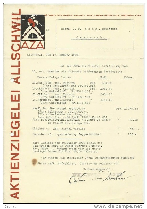 FAKTURA, RECHNUNG, INVOICE  --  A.G. AZA,  --  AKTIENZIEGELEI ALLSCHWIL  --  1929 - Schweiz