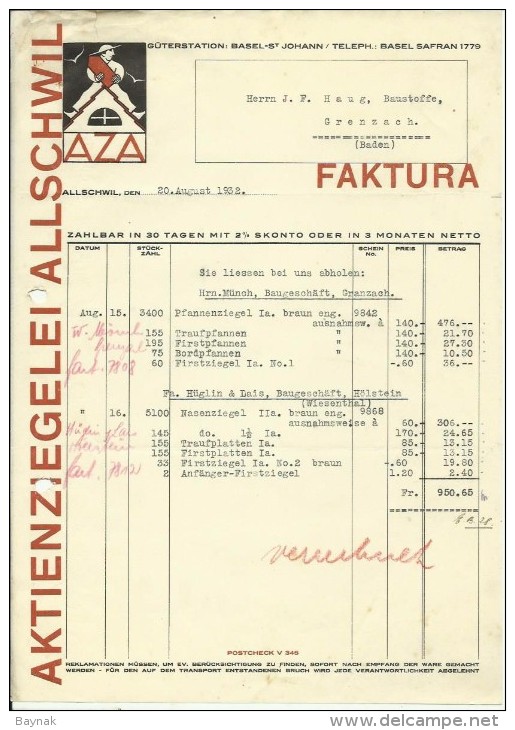 FAKTURA, RECHNUNG, INVOICE  --  A.G. AZA,  --  AKTIENZIEGELEI ALLSCHWIL  --  1932 - Schweiz