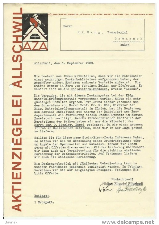 FAKTURA, RECHNUNG, INVOICE  --  A.G. AZA,  --  AKTIENZIEGELEI ALLSCHWIL  --  1928 - Switzerland