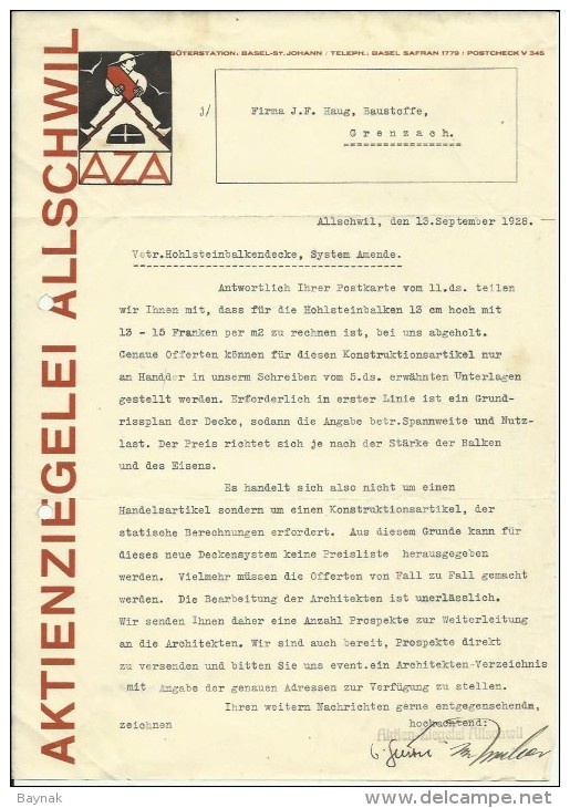 FAKTURA, RECHNUNG, INVOICE  --  A.G. AZA,  --  AKTIENZIEGELEI ALLSCHWIL  --  1928 - Suisse