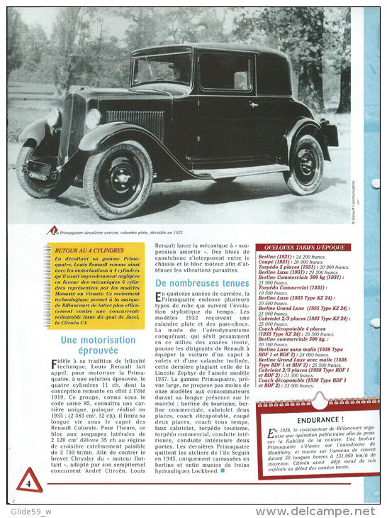 Fiche Renault Primaquatre (1930) - Un Siècle D'Automobiles (Edit. Hachette) - Cars