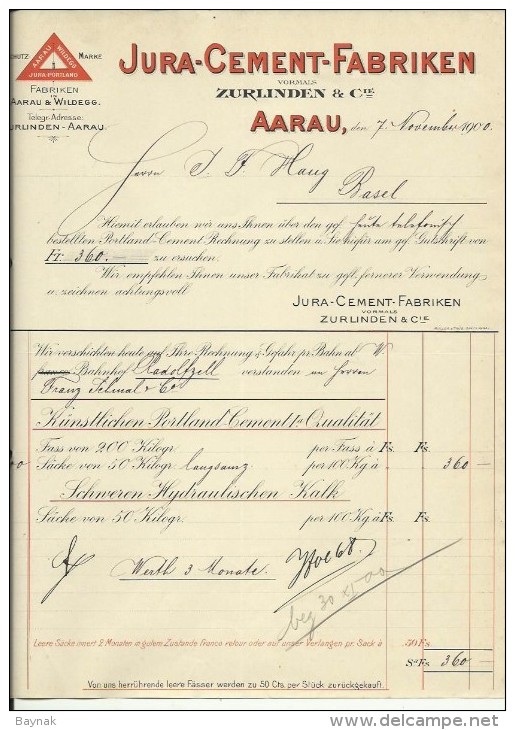 FACTURA, RECHNUNG   --  JURA - CEMENT - FABRIKEN, AARAU  --  1900 - Suisse