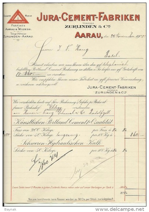 FACTURA, RECHNUNG   --  JURA - CEMENT - FABRIKEN, AARAU  --  1900 - Schweiz