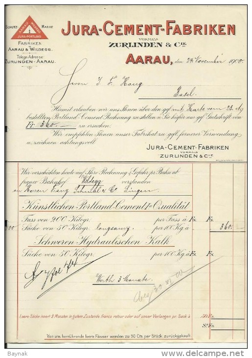 FACTURA, RECHNUNG   --  JURA - CEMENT - FABRIKEN, AARAU  --  1900 - Schweiz