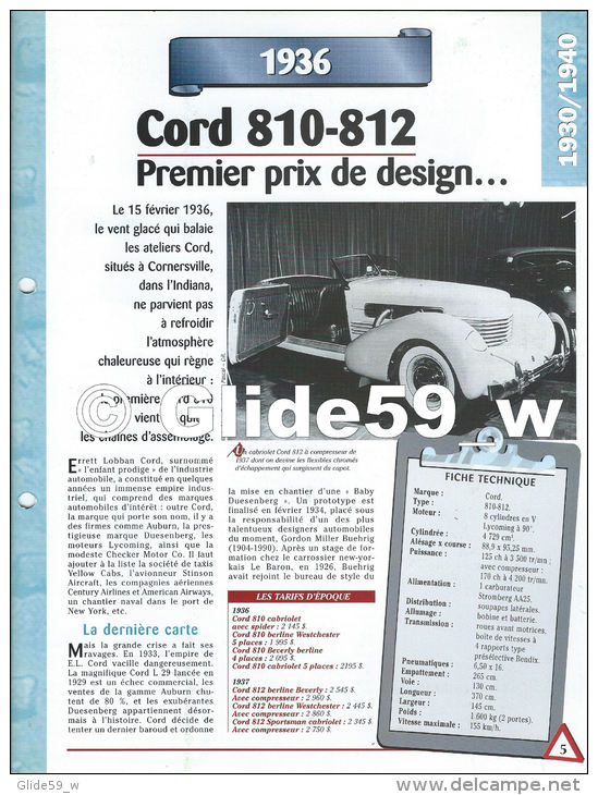 Fiche Cord 810-812 (1936) - Un Siècle D'Automobiles (Edit. Hachette) - Auto's