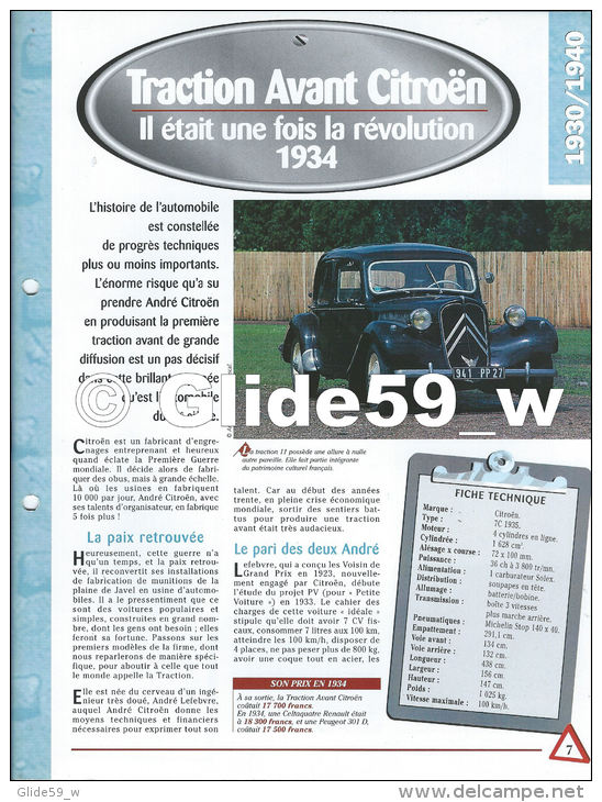 Fiche Traction Avant Citroën (1934) - Un Siècle D'Automobiles (Edit. Hachette) - Automobili