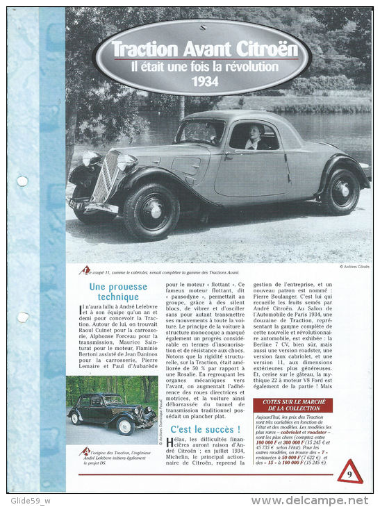 Fiche Traction Avant Citroën (1934) - Un Siècle D'Automobiles (Edit. Hachette) - Autos