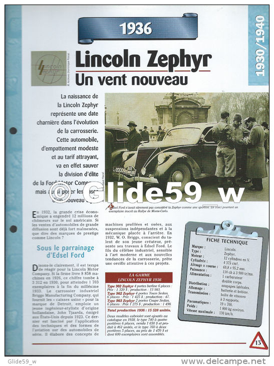 Fiche Lincoln Zephyr (1936) - Un Siècle D'Automobiles (Edit. Hachette) - Voitures