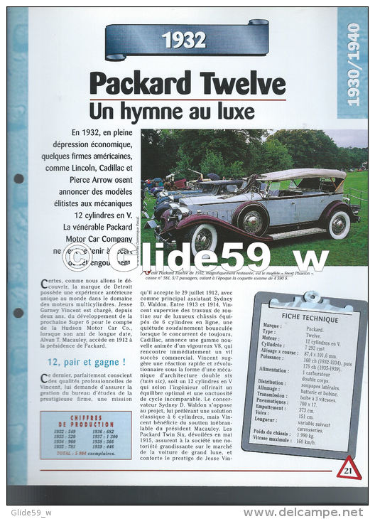 Fiche Packard Twelve (1932) - Un Siècle D'Automobiles (Edit. Hachette) - Voitures