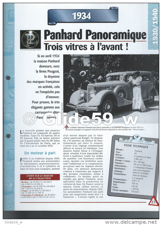 Fiche Panhard Panoramique (1934) - Un Siècle D'Automobiles (Edit. Hachette) - Auto's