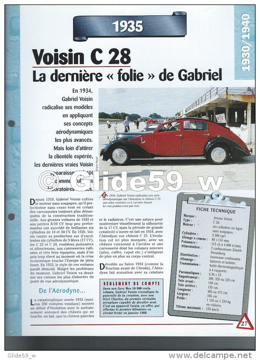 Fiche Voisin C 28 (1935) - Un Siècle D'Automobiles (Edit. Hachette) - Voitures