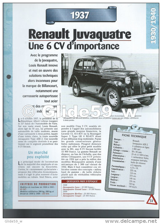 Fiche Renault Juvaquatre (1937) - Un Siècle D'Automobiles (Edit. Hachette) - Voitures