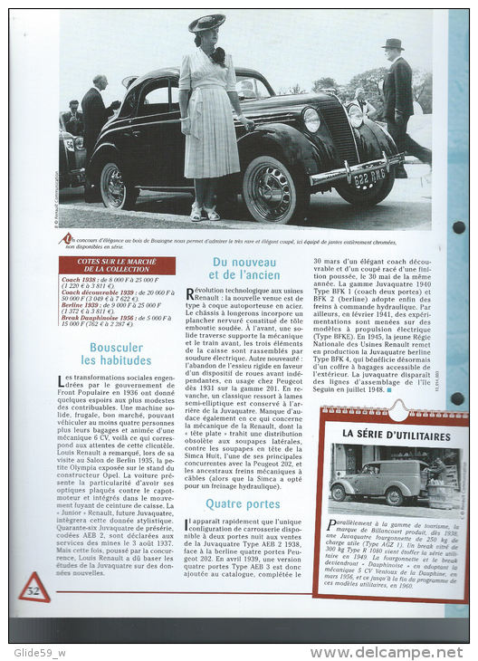 Fiche Renault Juvaquatre (1937) - Un Siècle D'Automobiles (Edit. Hachette) - Automobili
