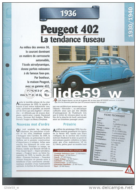 Fiche Peugeot 402 (1936) - Un Siècle D'Automobiles (Edit. Hachette) - Voitures