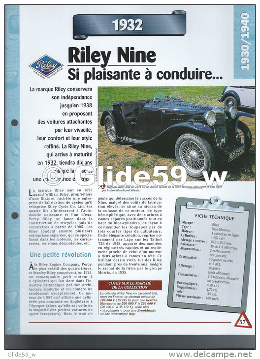 Fiche Riley Nine (1932) - Un Siècle D'Automobiles (Edit. Hachette) - Voitures