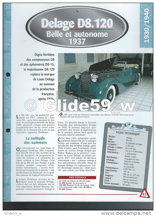 Fiche Delage D8.120 (1937) - Un Siècle D'Automobiles (Edit. Hachette) - Auto's