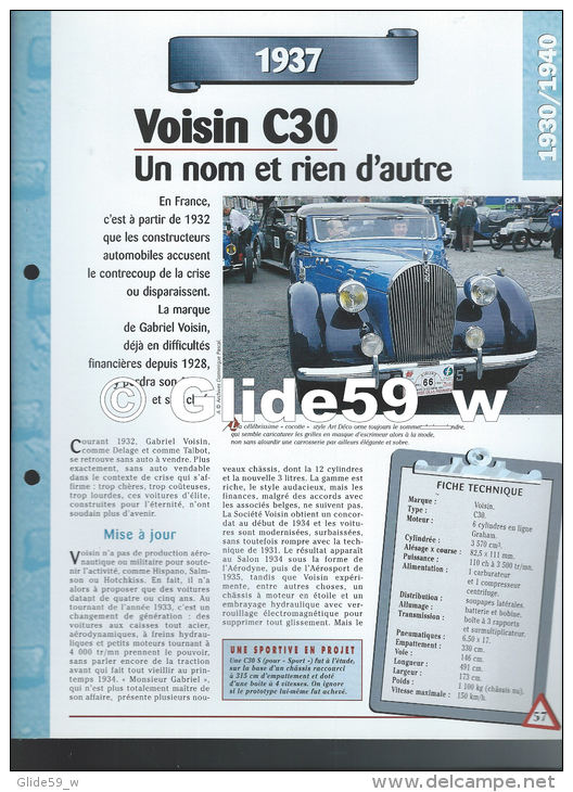 Fiche Voisin C30 (1937) - Un Siècle D'Automobiles (Edit. Hachette) - Voitures