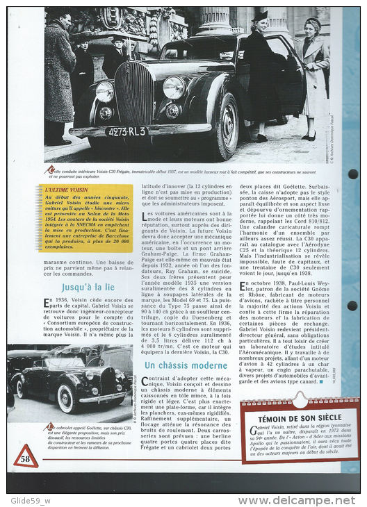 Fiche Voisin C30 (1937) - Un Siècle D'Automobiles (Edit. Hachette) - Auto's