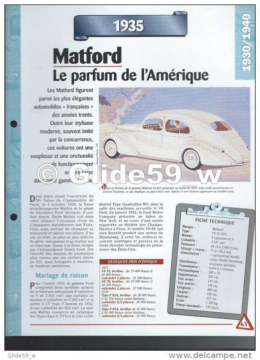 Fiche Matford (1935) - Un Siècle D'Automobiles (Edit. Hachette) - Coches