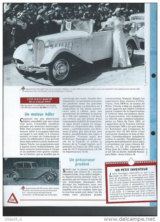 Fiche Rosengart Supertraction LR 500 (1933) - Un Siècle D'Automobiles (Edit. Hachette) - Automobili