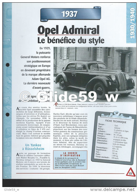 Fiche Opel Admiral(1937) - Un Siècle D'Automobiles (Edit. Hachette) - Voitures