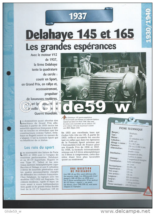 Fiche Delahaye 145 Et 165 (1937) - Un Siècle D'Automobiles (Edit. Hachette) - Auto's