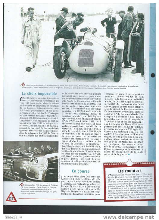 Fiche Delahaye 145 Et 165 (1937) - Un Siècle D'Automobiles (Edit. Hachette) - Automobili