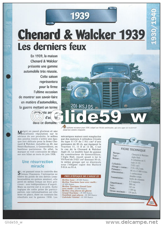 Fiche Chenard &amp; Walcker 1939 (1939) - Un Siècle D'Automobiles (Edit. Hachette) - Voitures