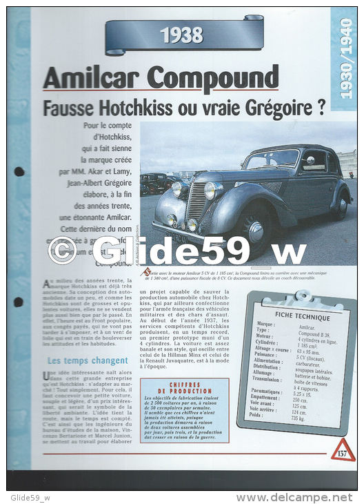 Fiche Amilcar Compound (1938) - Un Siècle D'Automobiles (Edit. Hachette) - Voitures