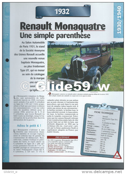 Fiche Renault Monaquatre (1932) - Un Siècle D'Automobiles (Edit. Hachette) - Automobili