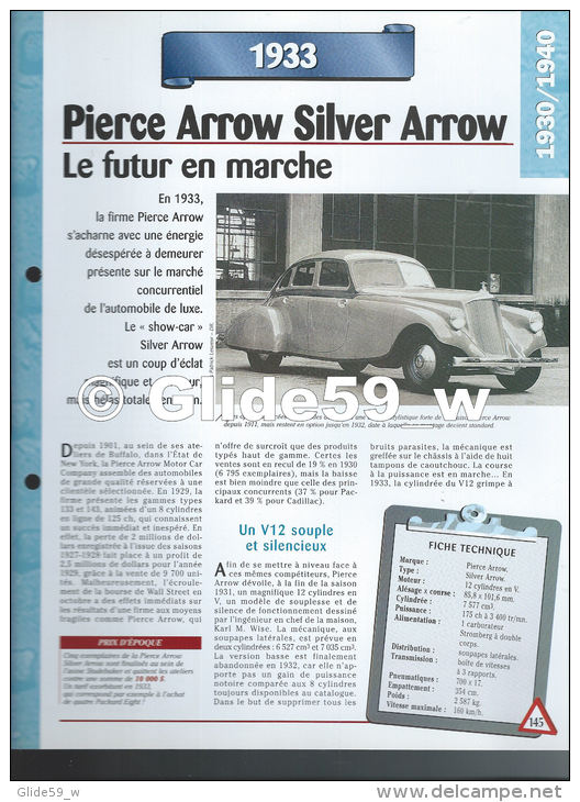 Fiche Pierce Arrow Silver Arrow (1933) - Un Siècle D'Automobiles (Edit. Hachette) - Automobili