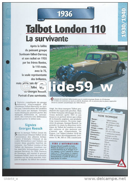 Fiche Talbot London 110 (1936) - Un Siècle D'Automobiles (Edit. Hachette) - Autos