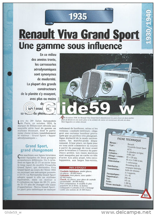 Fiche Renault Viva Grand Sport (1935) - Un Siècle D'Automobiles (Edit. Hachette) - Auto's