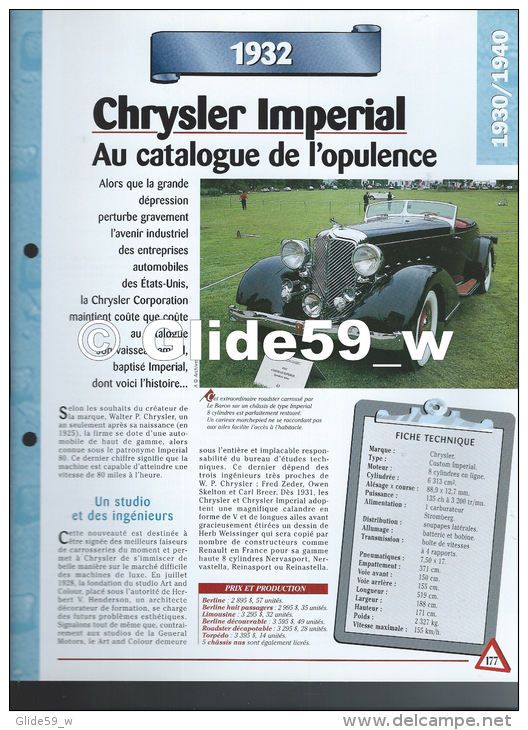 Fiche Chrysler Impérial (1932) - Un Siècle D'Automobiles (Edit. Hachette) - Automobili
