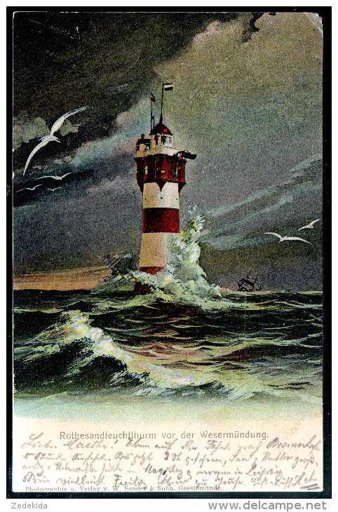 1382 - Ohne Porto - Alte Litho Ansichtskarte Leuchtturm Rothesandleuchtturm Bremerhaven Gel 1902 Sander & Sohn - Bremerhaven