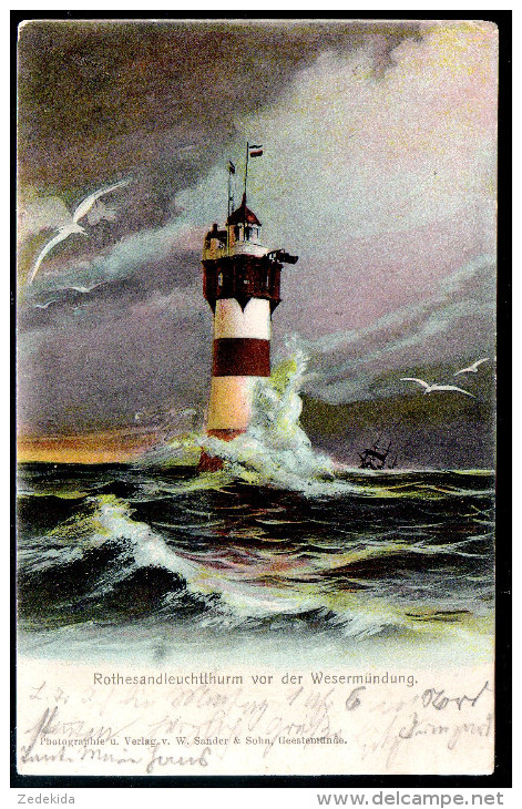 1383 - Ohne Porto - Alte Litho Ansichtskarte Leuchtturm Rothesandleuchtturm Bremerhaven Gel 1902 Sander & Sohn - Bremerhaven