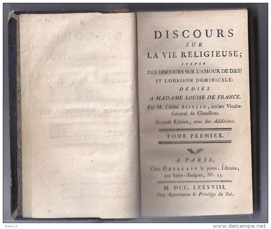 Discours Sur La Vie Religieuse., Souvis Des Discours Sur L'amour De Dieu Et L'Oraison Dominicale.. - 1788 - 1701-1800