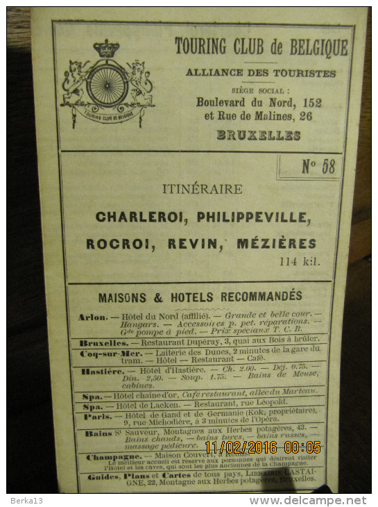 ITINERAIRE TCB N°58 CHARLEROI, PHILIPPEVILLE, ROCROI, REVIN, MEZIERES - Autres & Non Classés