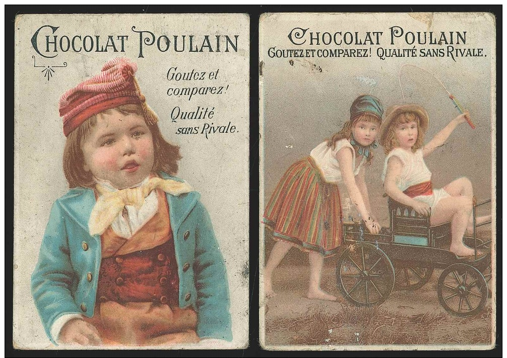 2 Chromos Chocolat Poulain - Enfants: Fillettes & Chariot / Jeune Garçon - Poulain