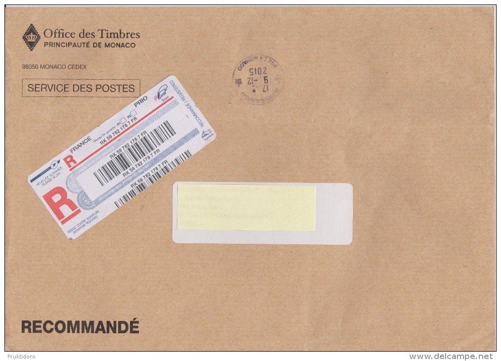 Monaco Registered Letter 2015 Recommandé - Lettres & Documents