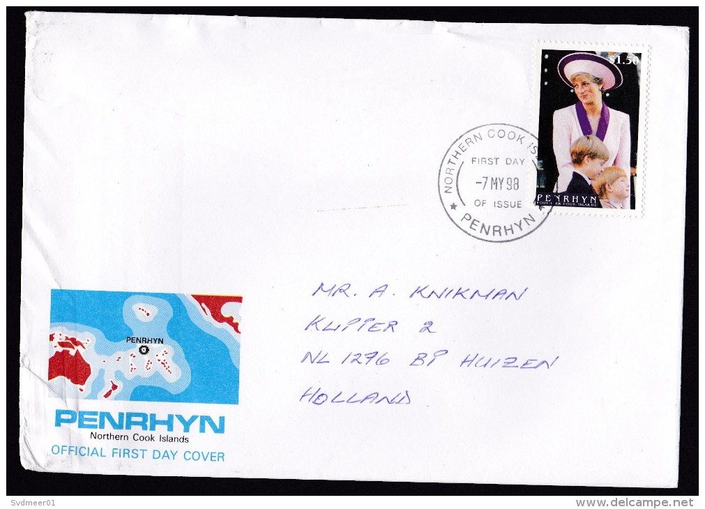 Penrhyn: FDC First Day Cover To Netherlands, 1998, 1 Stamp, Princess Diana, Lady Di, Royalty (minor Creases) - Penrhyn