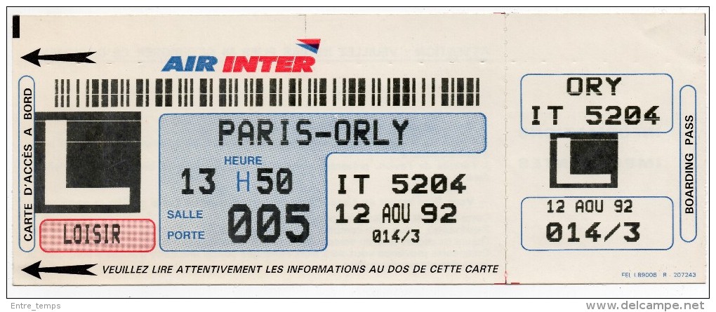 Air Inter Carte D'accès à Bord Boarding Pass Paris Orly - Bordkarten