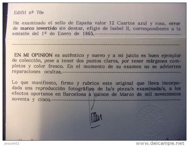 España Spain 1865 ISABEL II Edifil 70 E Marco Invertido Yvert 67 A Sin Goma MUY Muy RARO Cert.GRAUS Ver Fotos - Neufs